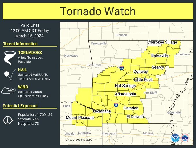 Tornado Watch Issued in Arkansas, Oklahoma, and Texas
